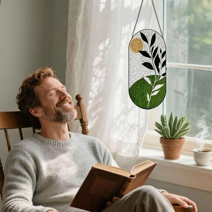 Stained Glass Window Hanging, Green Foliage Twig Plants Leaves Sun Catchers Indoor Window, Artistic Yoga Home Indoor Entryway Wall Decor Gifts for Women Wife Men Kids Birthday