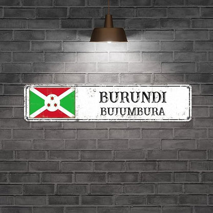 Personalized Burundi Street Sign Burundi Flag Metal Sign Capital City of Burundi Metal Sign Road Rustic Wall Art Country City Indoor & Outdoor Decor for Home Man Cave Door Porch Garden Party 18x4in