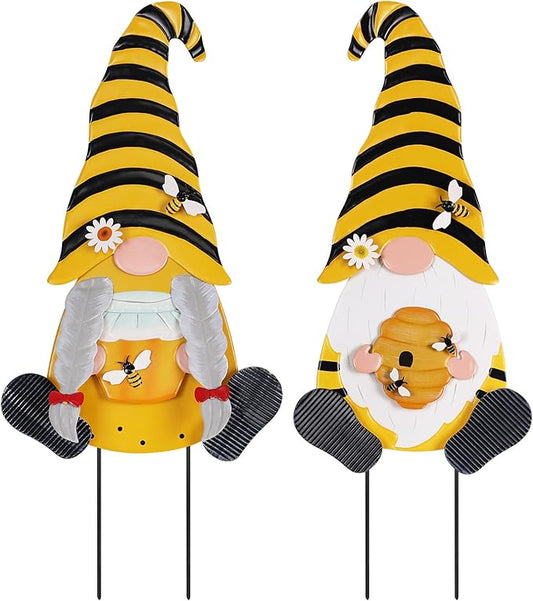 YEAHOME Metal Gnome Decorative Garden Stakes, 2 Pcs Outdoor Garden Decor with Honeybee Ornament Spring Decorations Yard Art Stakes for Indoor Outdoor Patio Lawn (Yellow & Orange)