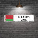 Personalized Belarus Street Sign Belarus Flag Signs Capital City of Belarus Metal Sign Road Vintage Metal Rustic Wall Art Country City Indoor & Outdoor Decor for Home Man Cave Door Porch 24x6in