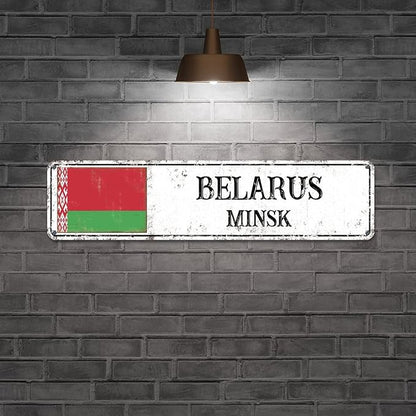 Personalized Belarus Street Sign Belarus Flag Signs Capital City of Belarus Metal Sign Road Vintage Metal Rustic Wall Art Country City Indoor & Outdoor Decor for Home Man Cave Door Porch 24x6in