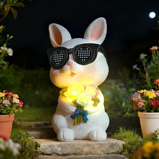 Solar Bunny Garden Outdoor Statues Decor, Rabbit with Flower and LED Lights Garden Decor for Home House, Yard Art Lawn, Ornaments, Porch Patio, Balcony - Birthday Gifts for Grandma Mom Women