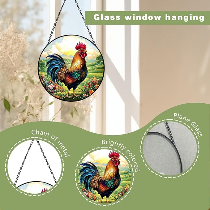 Rooster Sun Catchers Indoor Window, 20cm/7.87in Rooster Stained Glass Ornaments, Chicken Themed Gifts Women