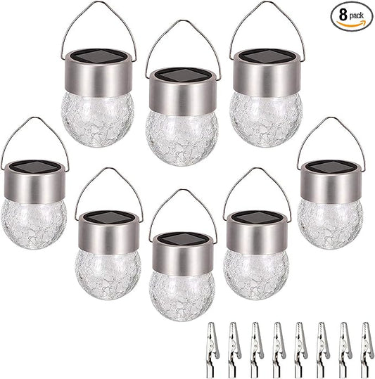 SUNWIND Hanging Solar Ball Lights Outdoor - 8 Pack Cracked Glass Decorative Garden Lights Waterproof Solar Lanterns for Yard, Patio, Fence, Tree, or Holiday Decoration(White)