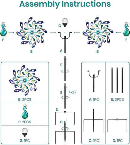 Peacock Wind Spinners Outdoor for Garden, Colorful Metal Kinetic Yard Art with Radial Motion, Decorative Outdoor Wind Sculpture for Lawn, Patio & Walkway