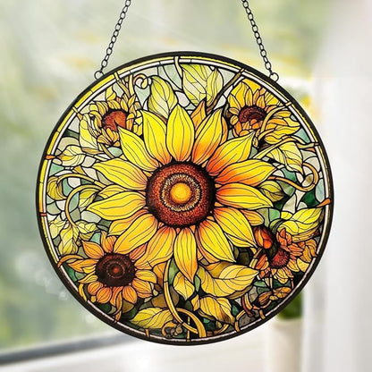 Sunflower Sun Catcher Stained Glass Window Hanging - Flower Sun Catchers Ornaments for Kitchen Door Home Garden Decor - Handmade Suncatchers Glass Panel - Mothers Day Birthday Gifts for Mom Grandma