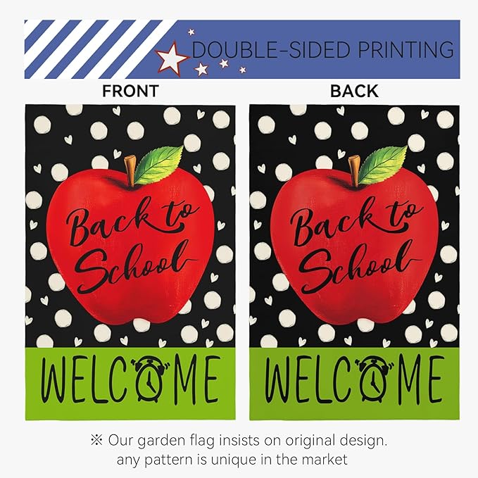 Welcome Back to School Garden Flags Apple Alarm Clock Yard Flags First Day of School Supplies Garden Flag Double Sided 12x18 Inch for Outdoor Yard Decoration