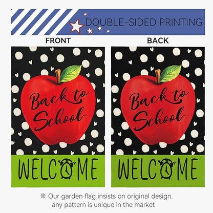 Welcome Back to School Garden Flags Apple Alarm Clock Yard Flags First Day of School Supplies Garden Flag Double Sided 12x18 Inch for Outdoor Yard Decoration