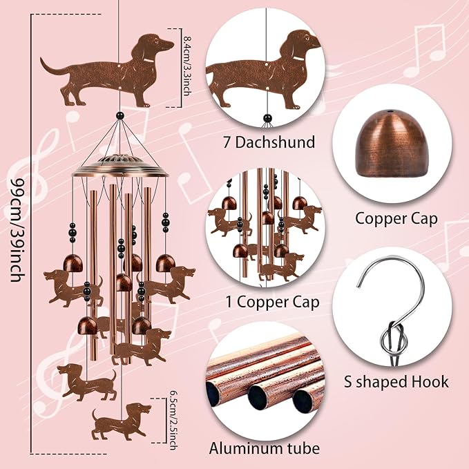 Dachshund Wind Chimes for Outside - Dachshund Weiner Dog Gifts for Women Men, Memorial Wind Chimes for Outdoor, Garden Patio Yard Decor, Mom Grandma Birthday Mother's Day