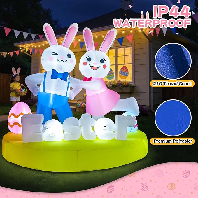 6FT Easter Inflatables Outdoor Decoration Inflatable Bunny Lover Dancing Built in LED Lights Bunny Blow Up Yard Decoration for Lawn Garden Holiday Party(with Storage Bag)