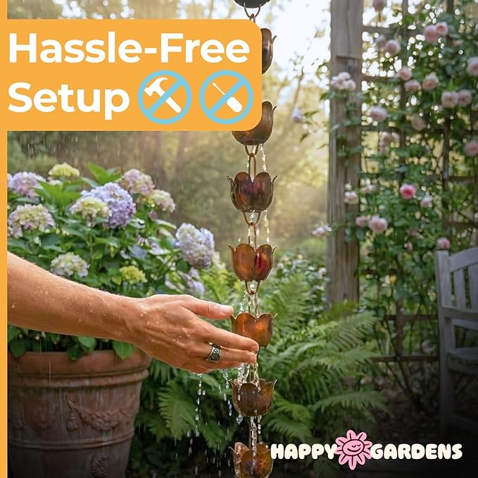 Happy Gardens Handcrafted Lily Cup Rain Chain (Flamed Finish) Outdoor Metal Hanging Rainwater Catcher for Outside Yard Gutter Downspout Substitute for Drainage