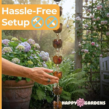 Happy Gardens Handcrafted Lily Cup Rain Chain (Flamed Finish) Outdoor Metal Hanging Rainwater Catcher for Outside Yard Gutter Downspout Substitute for Drainage