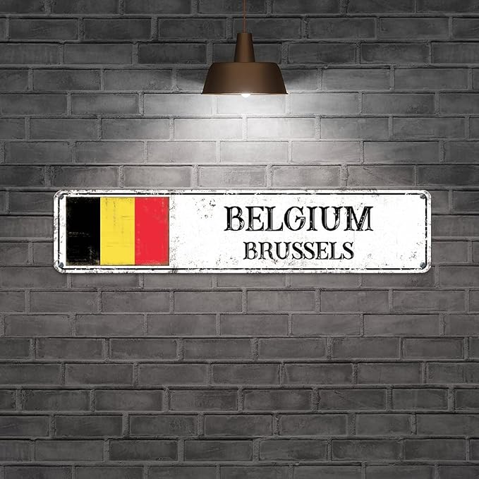 Personalized Belgium Street Sign Belgium Flag Metal Sign Capital City of Belgium Metal Tin Sign Road Wall Art Rustic Country City Indoor & Outdoor Decor for Home Man Cave Door Porch Garden 18x4in