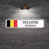 Personalized Belgium Street Sign Belgium Flag Metal Sign Capital City of Belgium Metal Tin Sign Road Wall Art Rustic Country City Indoor & Outdoor Decor for Home Man Cave Door Porch Garden 18x4in