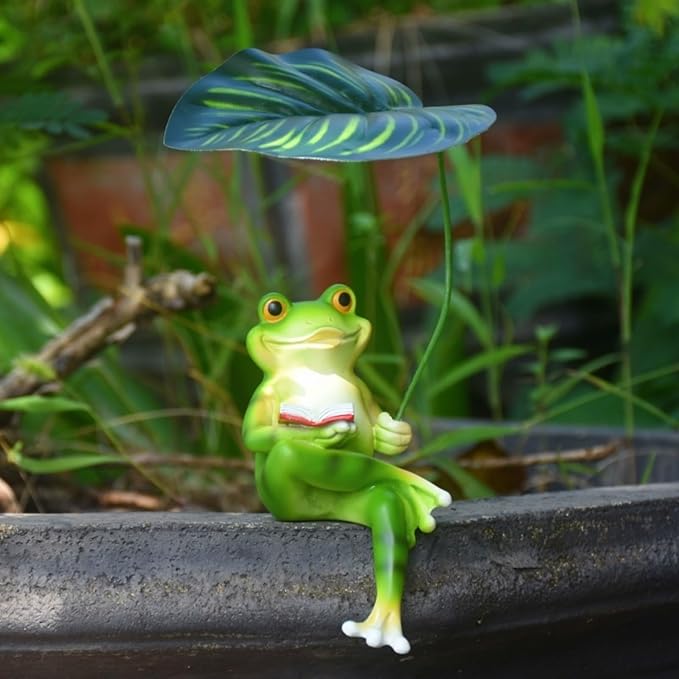 OwMell Frog Statue for Garden, Green Frog Figurine for Outdoor Decor Yard and Garden Decoration Resin Sculpture 6 Inches - Book & Leaf