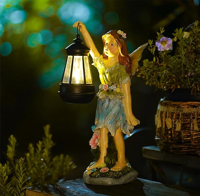 Pohabery Fairy Garden Statue Solar Garden Fairy with Lantern Light Outdoor Decoration Waterproof Solar Sculpture for Patio Yard Lawn Gift for Mom Grandma