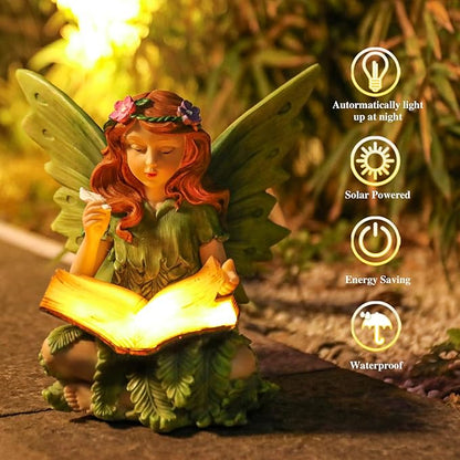 Afirst Solar Garden Fairy Statue, Green Fairy Solar Light Outdoor Resin Statues Figurine Light, Angel Reading Book Sculpture Solar Light for Outside Patio Garden Yard Lawn Decor