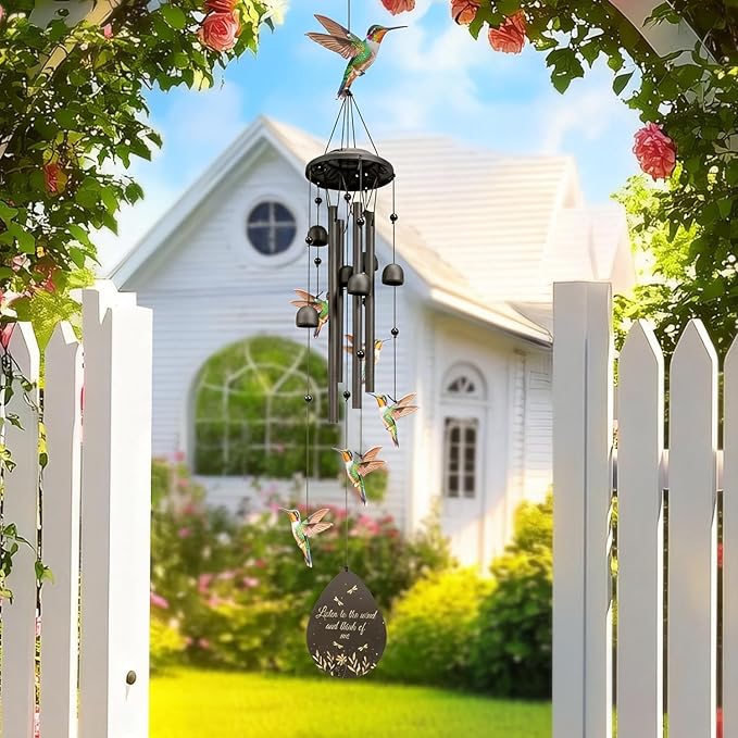 Hummingbird Wind Chimes Outdoor Durable Black Metal Windchimes Garden Patio Decor Hummingbirds Gifts for Women/Men, Garden/Yard Decor, Memorial/Birthday Gifts for Grandma/Mom, Birds Chimes for Outside
