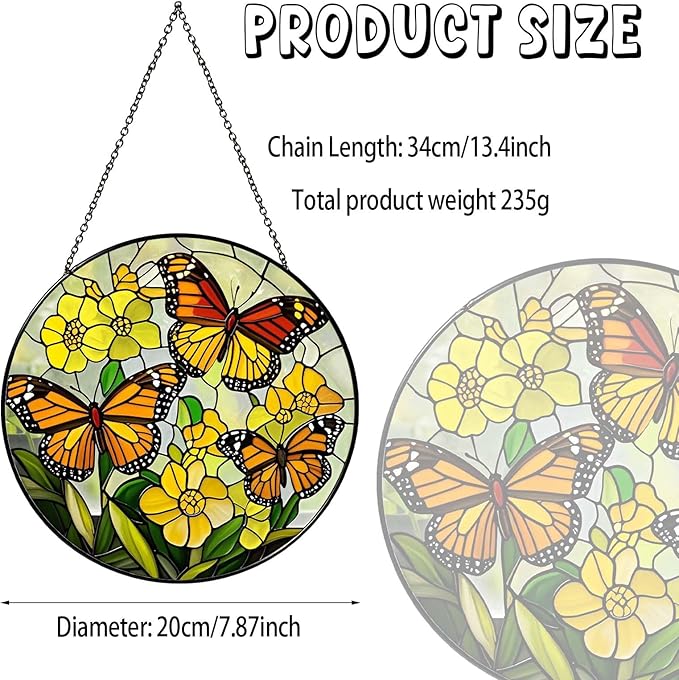 Butterfly with Flowers Sun Catcher Stained Glass Window Hanging for Women Butterfly Decor Handmade Sun Catcher Decoration for Garden Home Housewarming Gifts, 7.87inch