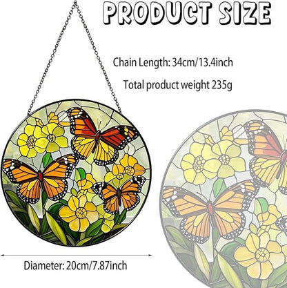 Butterfly with Flowers Sun Catcher Stained Glass Window Hanging for Women Butterfly Decor Handmade Sun Catcher Decoration for Garden Home Housewarming Gifts, 7.87inch