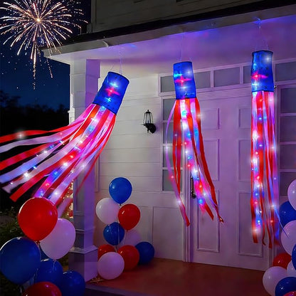 3 Pack 60 Inch Large American Flag Windsocks with Red White Blue Lights, 4th of July Decorations 250th Anniversary Patriotic USA Wind Sock for Outside Heavy Duty Memorial Day Yard Outdoor Decor