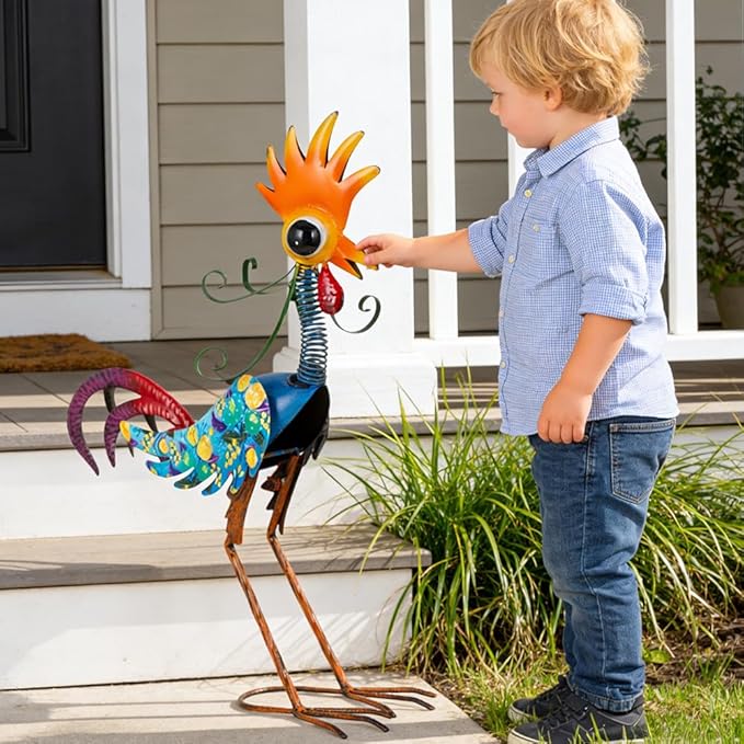Metal Wacky Rooster Garden Statues Outdoor Decor, 23'' Rooster Decor Chicken Yard Sculptures Art Decoration for Home Outsiede Patio Lawn Backyard, Gift for Women Lovers Moms(Blue)