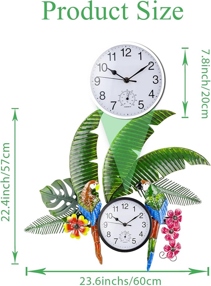 Outdoor Clock and Thermometer Combo, Parrot Outdoor Wall Clock Silent Non-Ticking, Outside Clock Metal Wall Art Decor for Patio, Garden, Home Decor