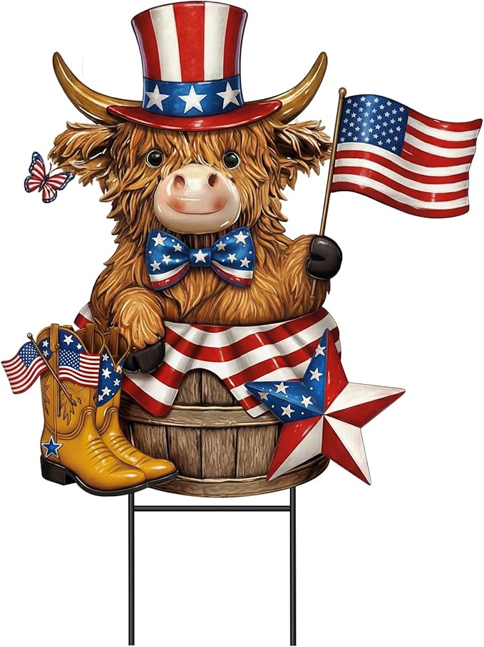 Amyhill 4th of July Highland Cow Outdoor Decor Patriotic Star Metal Garden Stakes Decorative Red White Blue Calf Lovers Yard Signs with Stakes for Independence Day Memorial Day Garden Lawn Decorations
