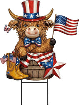 Amyhill 4th of July Highland Cow Outdoor Decor Patriotic Star Metal Garden Stakes Decorative Red White Blue Calf Lovers Yard Signs with Stakes for Independence Day Memorial Day Garden Lawn Decorations