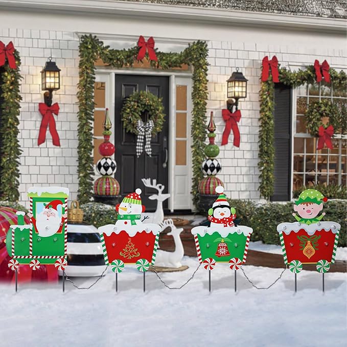 Christmas Yard Stakes Light Up Christmas Yard Decorations with LED Santa Claus Snowman Penguin Clown in Train Lighted Metal Garden Stakes Outdoor Xmas Stake Lawn Pathway Outdoor Decoration