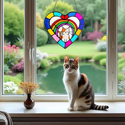 Stained Glass Window Hanging,Sun Catchers Glass Panel Window Suncatcher Panel Decor for Mom,Wife,Grandmother,Women, Men and Aunt,Garden Hangings for Christmas Mother's Day (Cat)