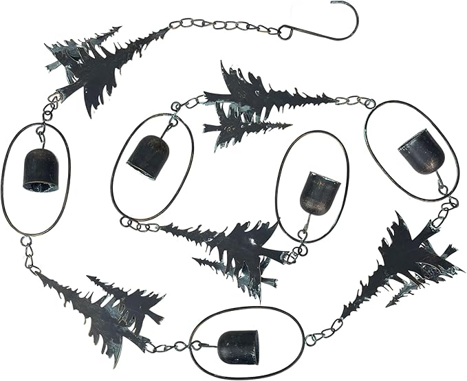 Things2Die4 70-Inch Metal Rain Chain with 5 Forest Tree Silhouettes & Zen Bells, Dark Verdigris Finish, 3.25-Inch Diameter, Decorative and Functional Downspout Alternative