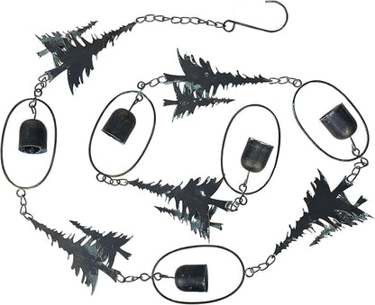 Things2Die4 70-Inch Metal Rain Chain with 5 Forest Tree Silhouettes & Zen Bells, Dark Verdigris Finish, 3.25-Inch Diameter, Decorative and Functional Downspout Alternative