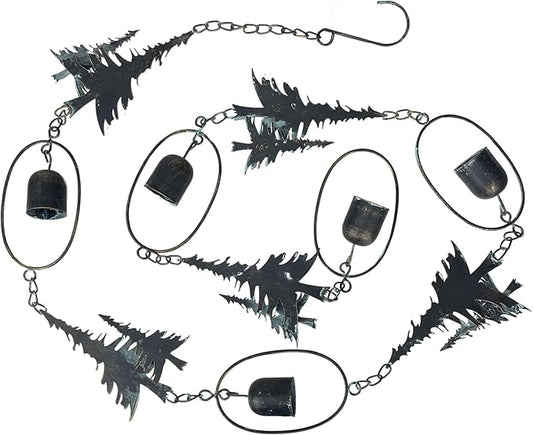 Things2Die4 70-Inch Metal Rain Chain with 5 Forest Tree Silhouettes & Zen Bells, Dark Verdigris Finish, 3.25-Inch Diameter, Decorative and Functional Downspout Alternative