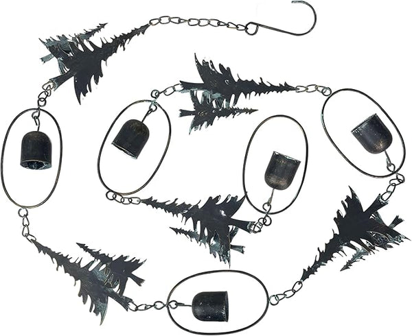 Things2Die4 70-Inch Metal Rain Chain with 5 Forest Tree Silhouettes & Zen Bells, Dark Verdigris Finish, 3.25-Inch Diameter, Decorative and Functional Downspout Alternative