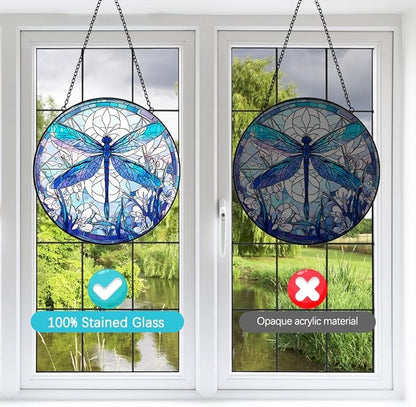 Dragonfly Suncatcher Stained Glass Window Hanging - 8” Handmade Suncatchers for Windows Door Home Garden Decor - Sun Catchers Indoor Wall Art Glass Panel Ornaments - Mothers Day Grandma Gifts for Mom