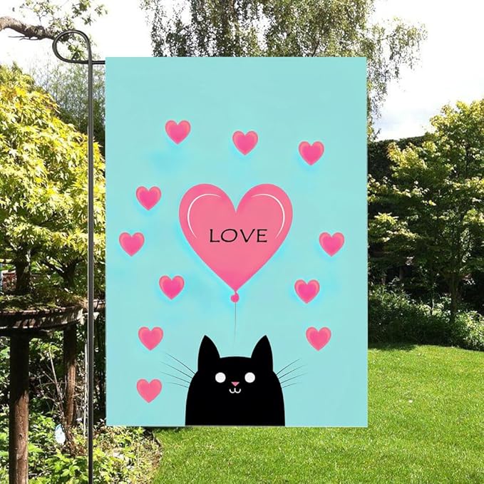 Gkyygk Garden Flag Black Cat Pink Love Heart Double Sided 12x18 Inch Banners Welcome Yard House Outside Outdoor Summer Decoration