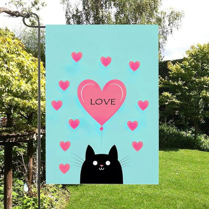 Gkyygk Garden Flag Black Cat Pink Love Heart Double Sided 12x18 Inch Banners Welcome Yard House Outside Outdoor Summer Decoration