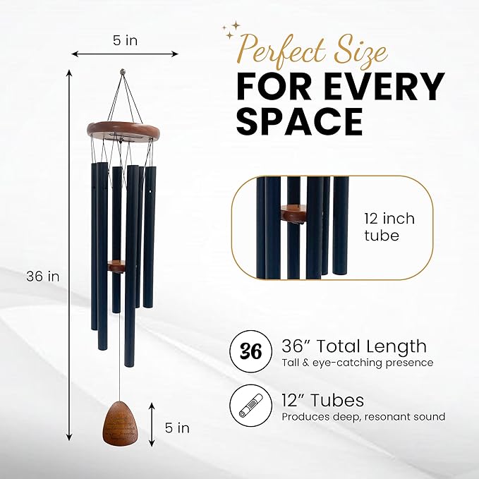 Wind Chimes for Outside clearence - Aluminum Pipes & Pine Wood Windchimes Outdoors, Sympathy Gifts for Loss of Loved One - Includes Letter from Heaven & Keepsake Keychain, Porch Decor - Black