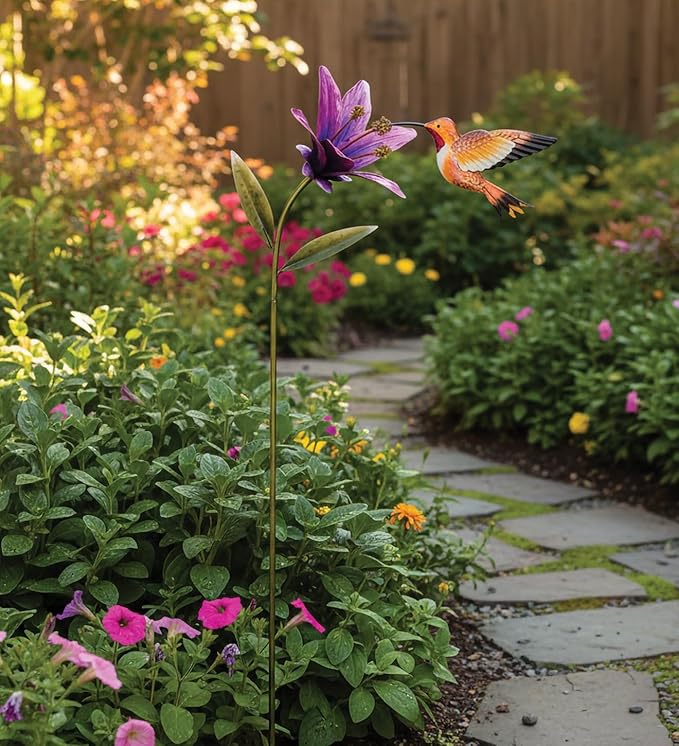 Regal Art & Gift Hummingbird Flower Garden Stake - Decorative Handcrafted Metal Sculpture, Elegant Outdoor Art for Patio, Lawn & Garden Décor - Rufous