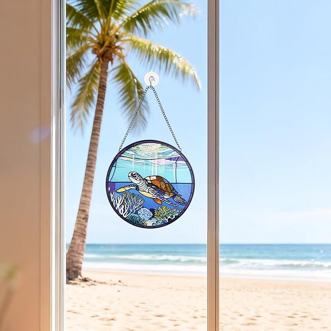 Stained Glass Window Hanging, Turtle Circular Painted Glass Suncatcher with Chain & Suction Cup for Home Garden Door Decor, Birthday for Women Men Mom 7.8 in