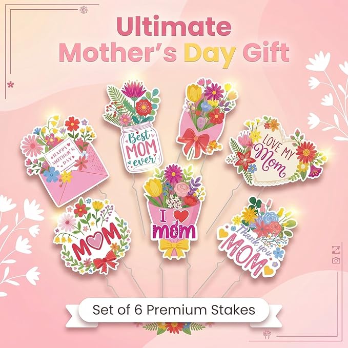 Rngmsi Mothers Day Plant Stakes Flower Pots Signs, 6PCS Happy Mother's Day Metal Garden Stakes Decorative Outdoor, Thank You Mom Yard Decor for Home Lawn Party Supplies