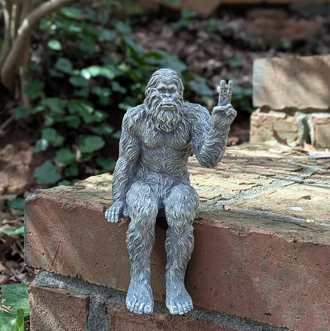 John Bernard & Company Bigfoot Peace Sign Decorative Sasquatch Yeti Statue/Figurine Indoor/Outdoor Sculpture for Patio, Deck, Home, Office 10 in H Shelf Sitter Figurine (Stone Gray)