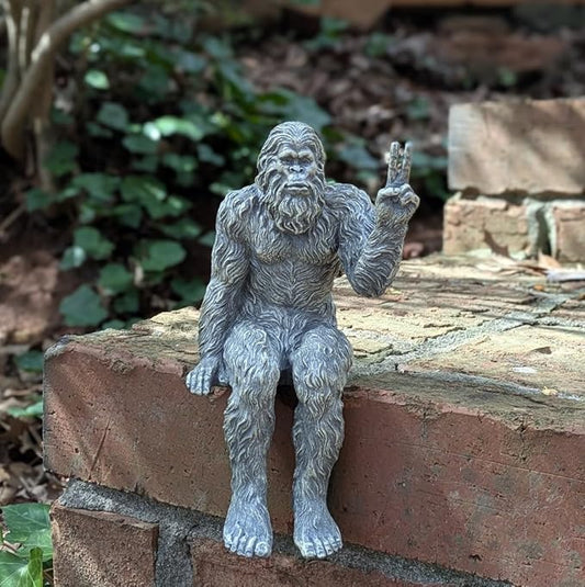 John Bernard & Company Bigfoot Peace Sign Decorative Sasquatch Yeti Statue/Figurine Indoor/Outdoor Sculpture for Patio, Deck, Home, Office 10 in H Shelf Sitter Figurine (Stone Gray)
