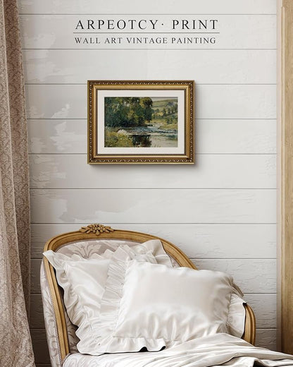 ARPEOTCY Vintage Gold Framed Wall Art, Nature Streamside Retro Paintings, Canvas Prints Artwork with Antique Frame, Victorian Wall Pictures Decor for Living Room Gallery Room 11x14 inch