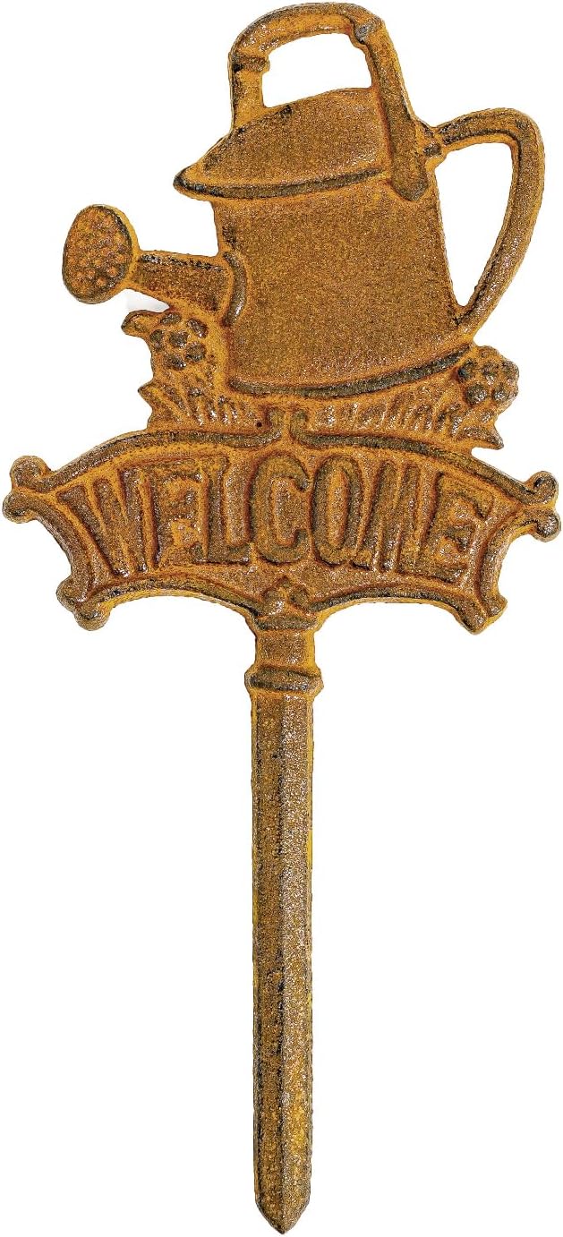 Sungmor Vintage Cast Iron Decorative Garden Stake, Rustic Welcome Yard Art Sign with Stake, 12.6" Tall Metal Watering Can Stake with Welcome Sign, Lawn Patio Backyard Outdoor Spring Decor