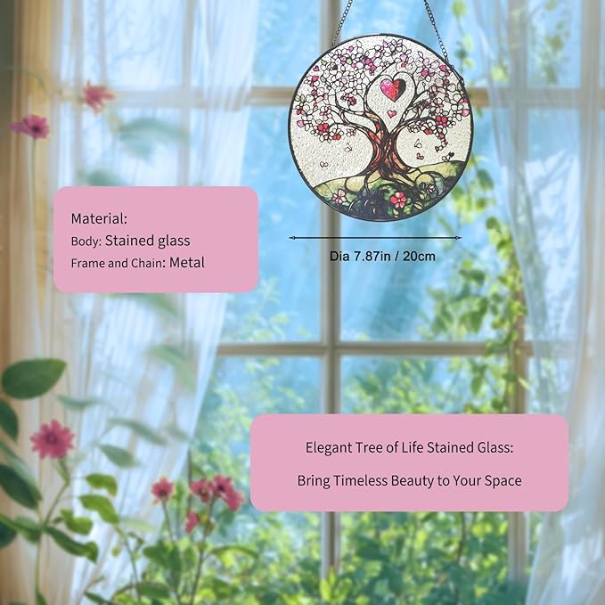 Stained Glass Suncatcher Window Hanging – Pink Tree of Life with Heart, Sun Catcher Window Decor, Meaningful Gift for Mom, Grandma, Nana, Birthday & Mother’s Day