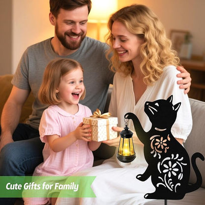 Solar Cat Hanging Lantern Outdoor, 2 Pack Black Cat Solar Lights, Cat Lover Gifts for Women Mom Grandma Birthday,Mother's Day,Waterproof Garden Ornaments Decor Outside Backyard,Patio,Pathway