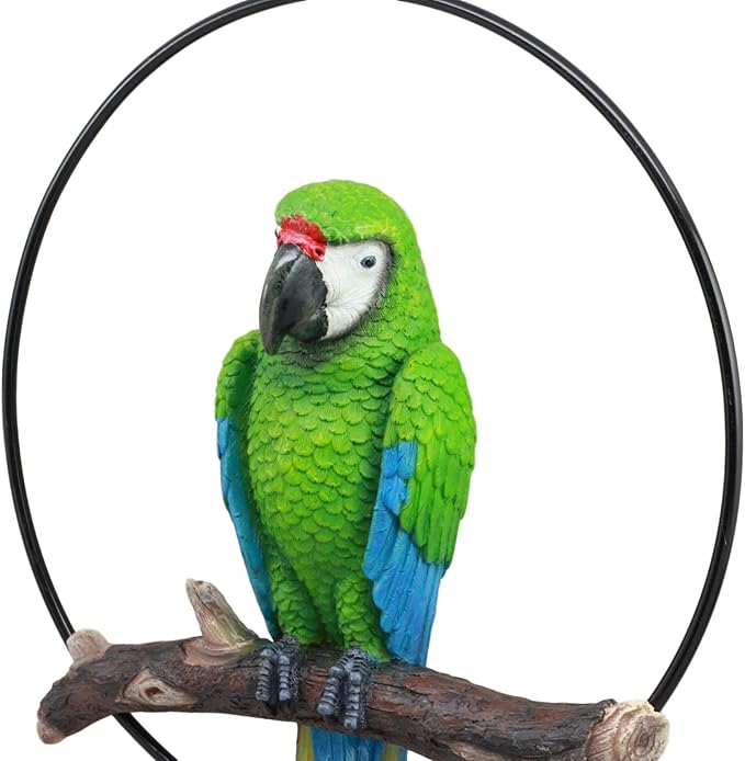 Ebros Patio Home Garden Hanging Scarlet Macaw Parrot Perching on Branch in Metal Round Ring Figurine Sculpture Nature Lovers Tropical Bird Collectors Decor 13.5" H (Green)