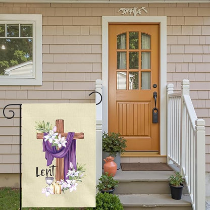 Lent Garden Flag 12x18 Inch Christian Easter Yard Flags with Cross Purple Cloth Lilies and Candles Religious Spring Outdoor Banner for Ash Wednesday Resurrection Faith Church Home Porch Decor